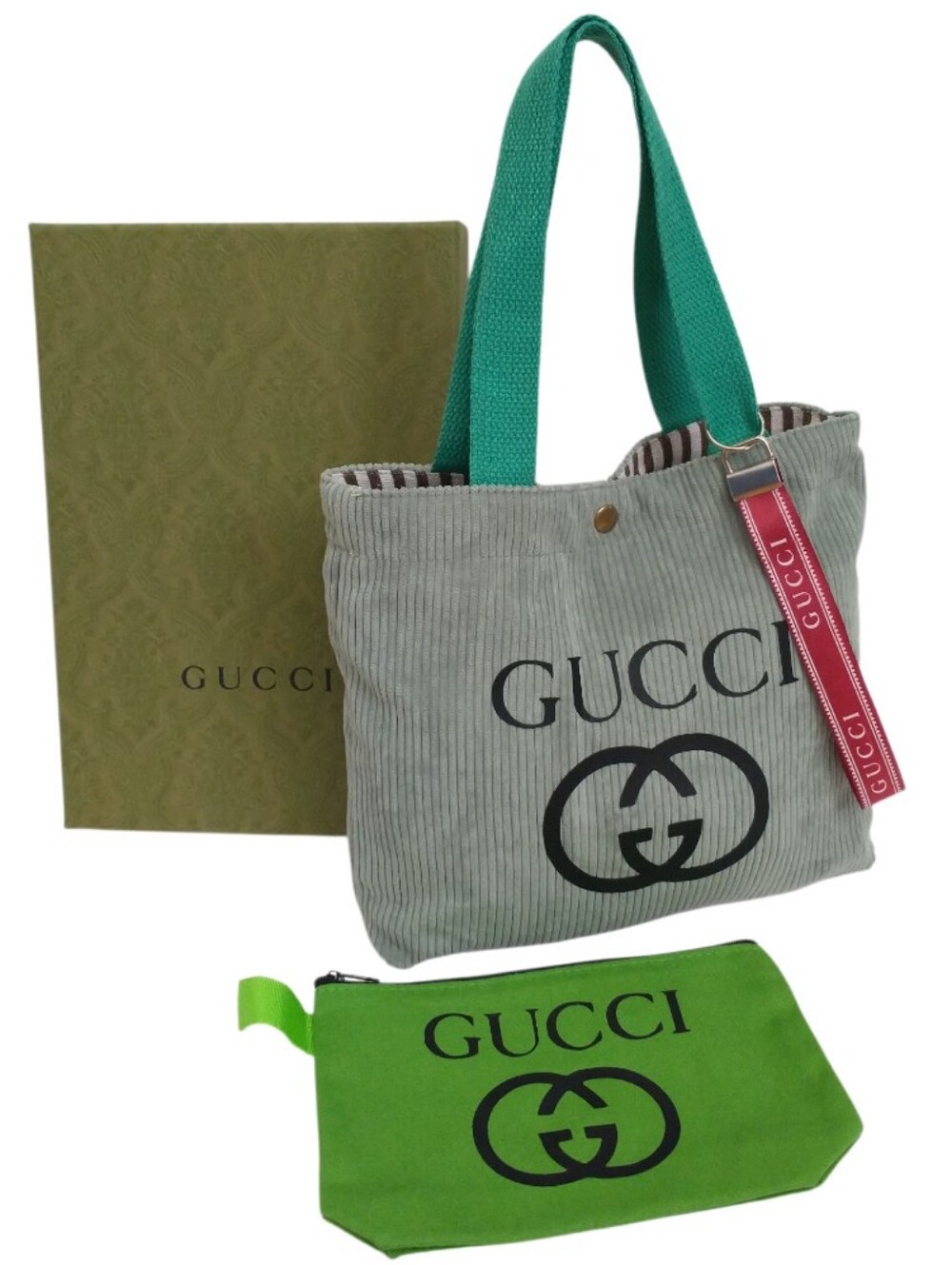 Gucci Mint Corduroy Logo Mini Tote/Pouch with Green Straps and Red Tag